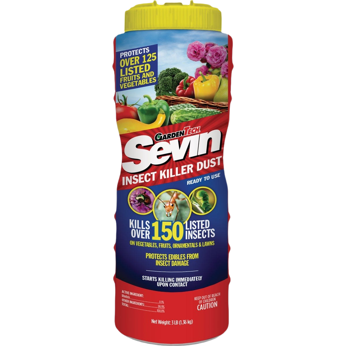 Container of Garden Tech Sevin insect killer dust for effective outdoor insect pest control in lawn and garden care