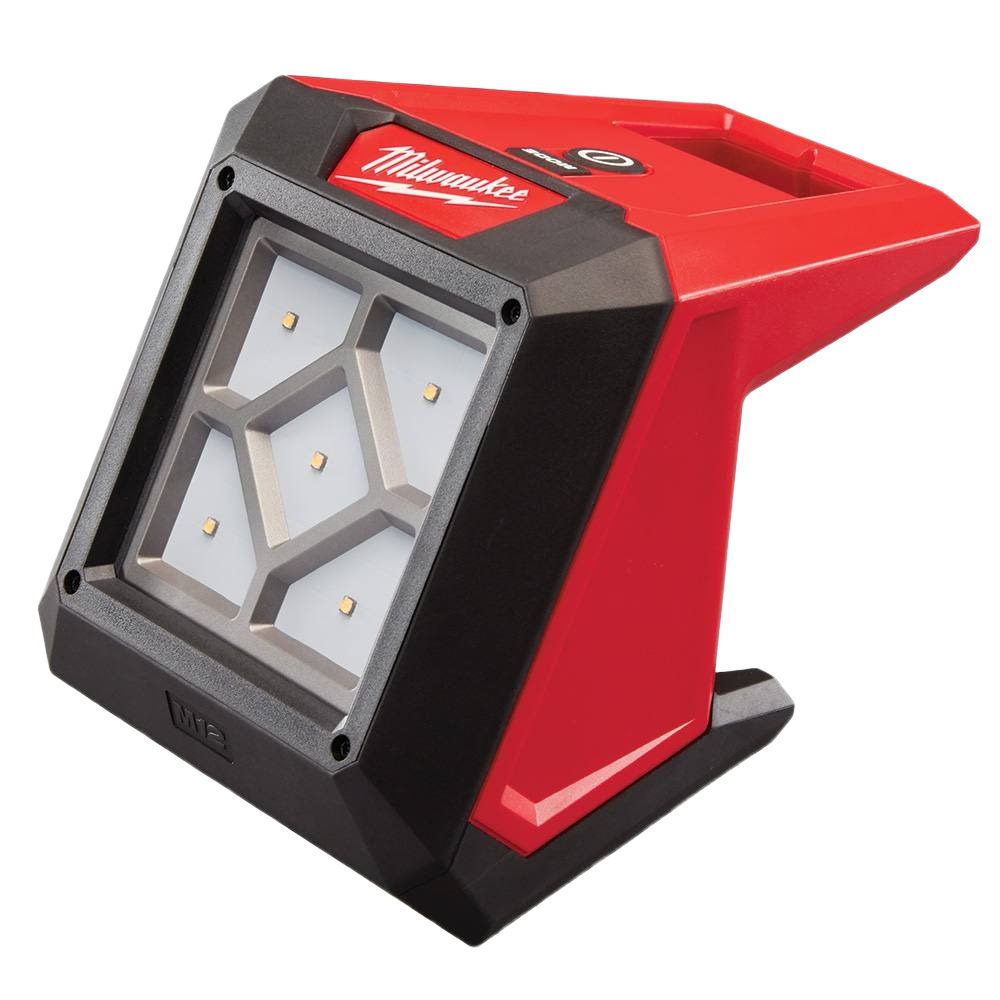 Red and black Milwaukee utility flood light with integrated magnets and clamp, part of work lights under $100 collection