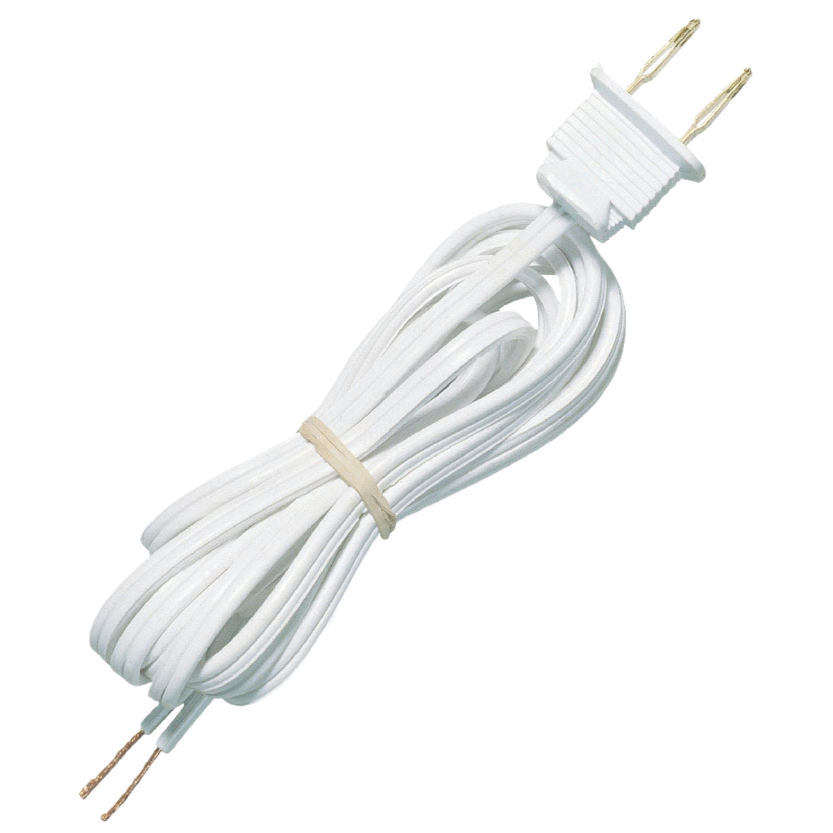 White 8-foot lamp cord with polarized plug and stripped wire ends for lighting and electrical home improvement projects