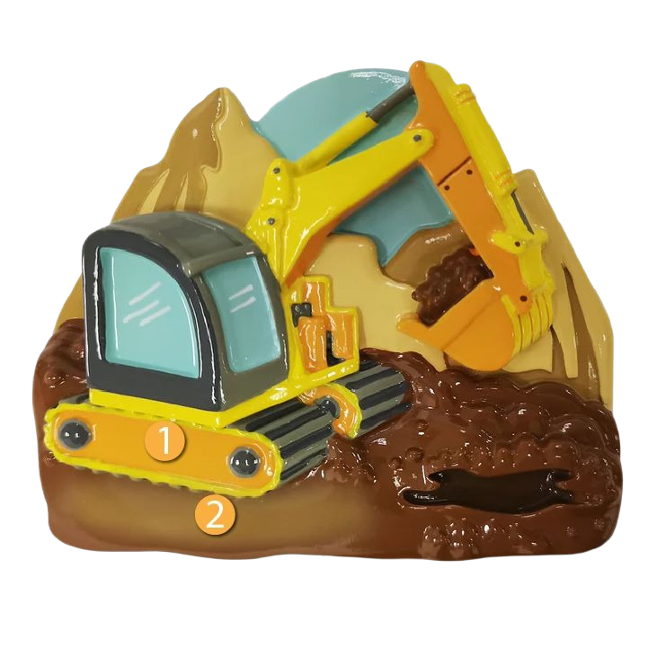 Yellow and orange excavator ornament digging dirt with mountain background for Christmas Ornaments & Tree Decorations collection