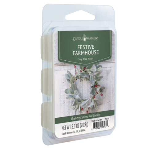 Six-pack soy wax melts with festive farmhouse scent featuring bayberry, spices, and red currant in plastic clamshell packaging
