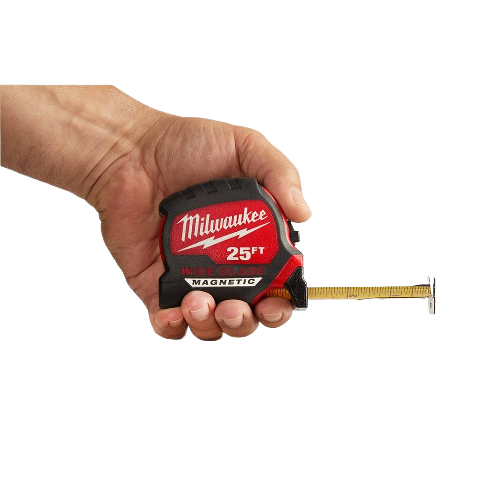 Hand holding Milwaukee 25-foot magnetic tape measure with wide blade for woodworking and measuring tools under $50 collections