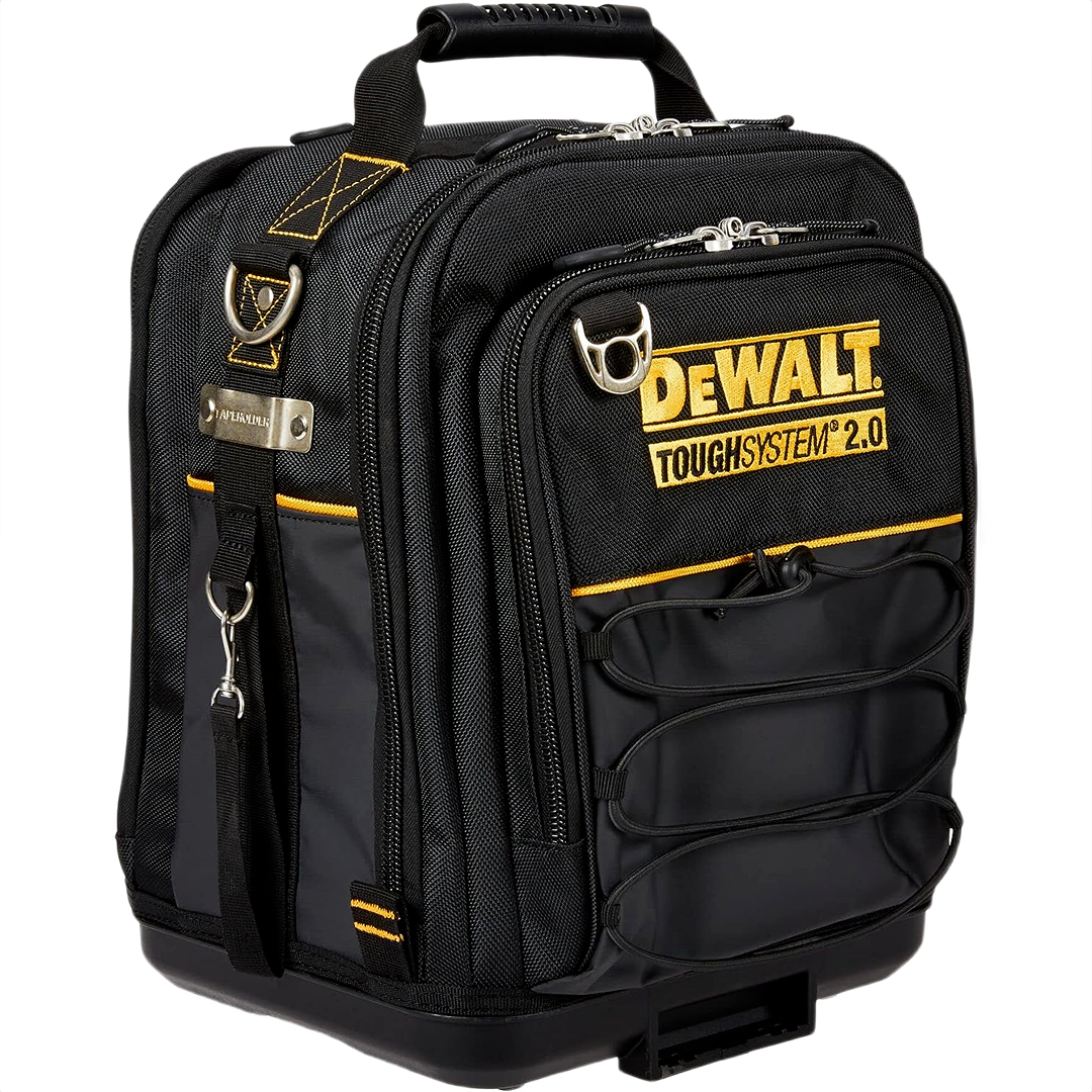 Black and yellow compact tool bag with multiple compartments for jobsite storage and woodworking tool organization