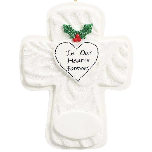 White cross ornament with holly and heart reading In Our Hearts Forever from Christmas Ornaments & Tree Decorations collection