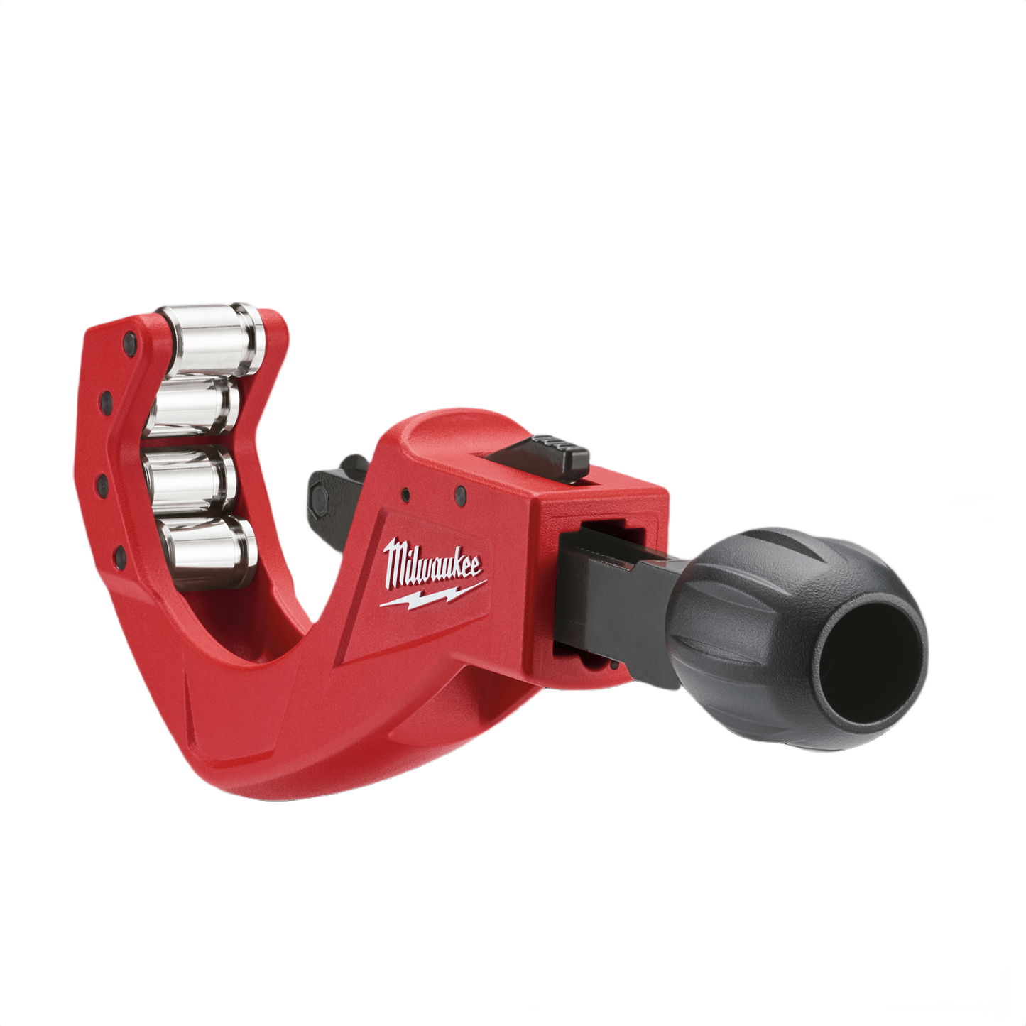 Red quick adjust copper tubing cutter tool with roller wheels and ergonomic black adjustment knob for home improvement tasks