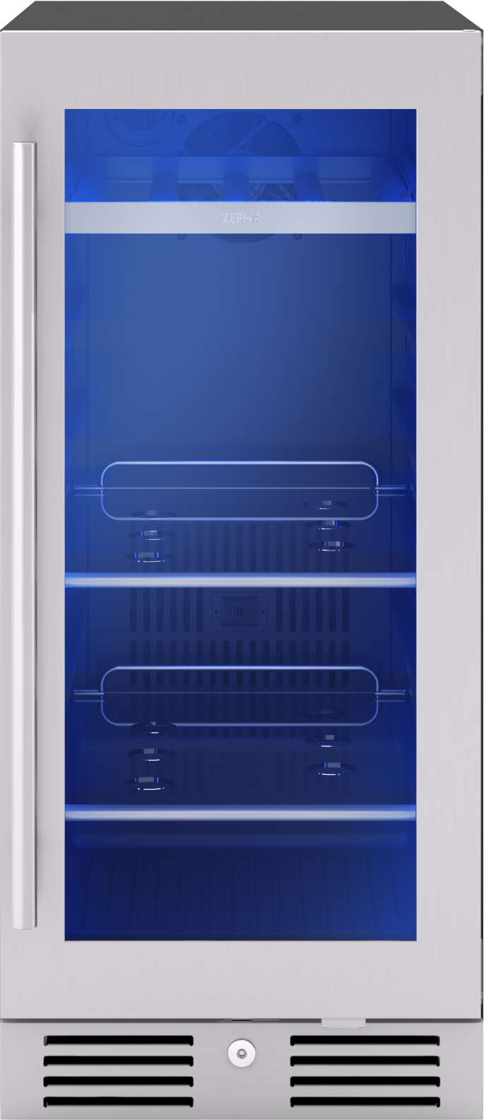 Stainless steel beverage center with glass door, blue interior lighting, and adjustable shelves from Beverage Centers collection