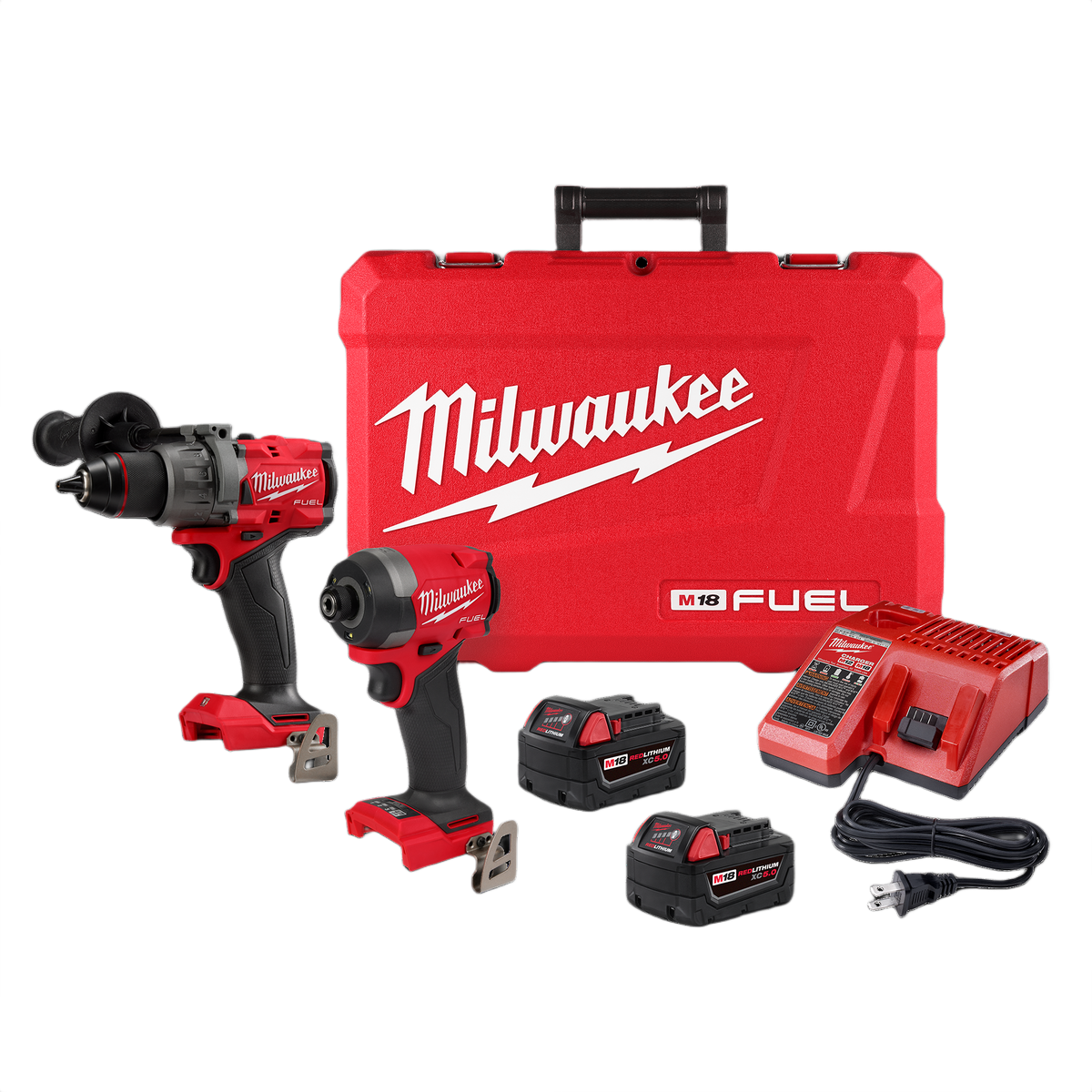 Red Milwaukee cordless hammer drill and impact driver kit with batteries, charger, and hard carrying case for tools and home improvement