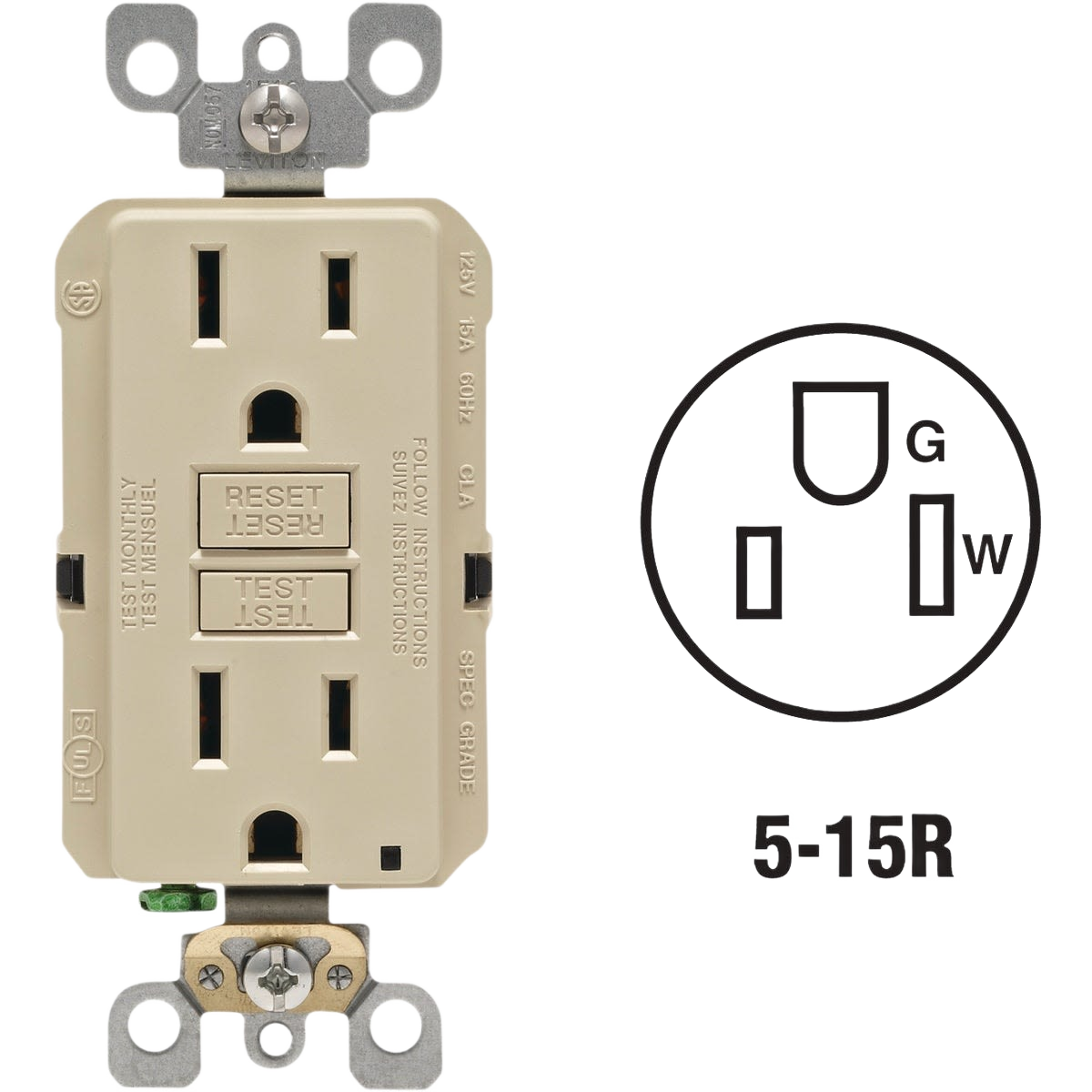 Ivory residential grade GFCI outlet with self-test and reset buttons for home improvement and electrical safety tasks
