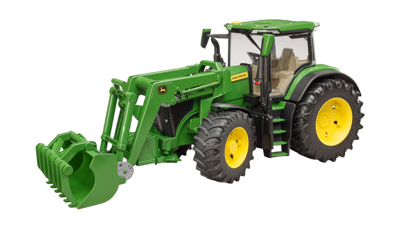 Green Bruder John Deere 7R 350 toy tractor with front loader attachment for tools and home improvement play activities