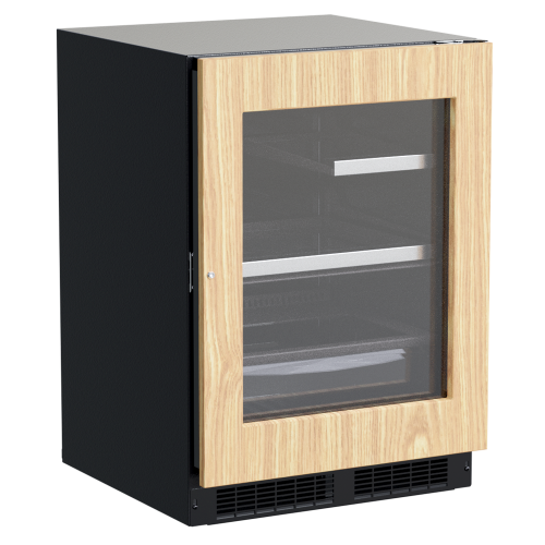 Built-in refrigerator with glass door, wooden frame, and adjustable shelves for kitchen appliances collection