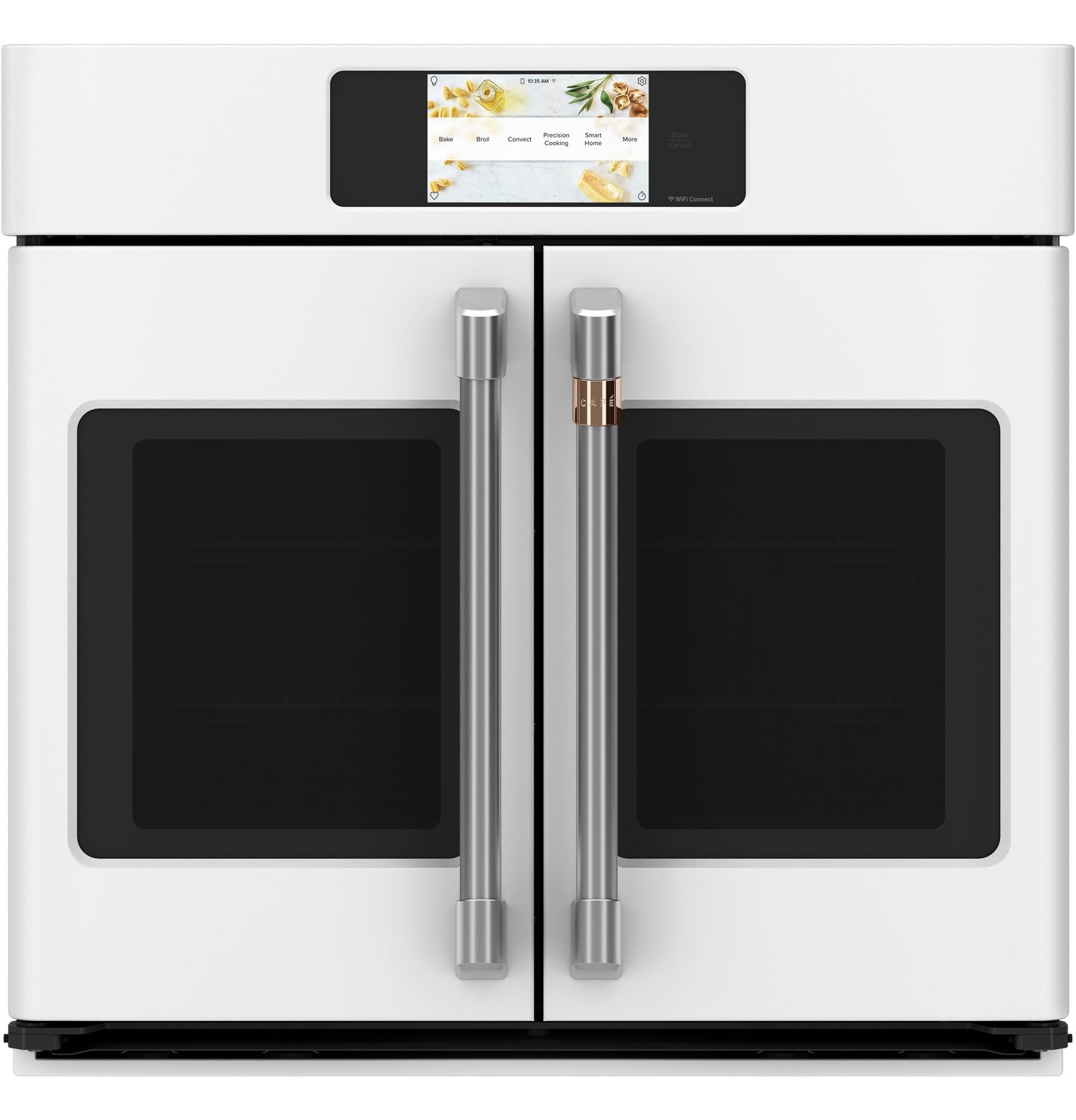 White built-in smart convection wall oven with French doors, digital touchscreen, and stainless steel handles in kitchen setting