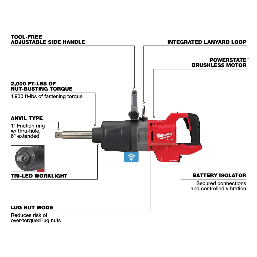 Red and black extended anvil cordless impact wrench with adjustable handle and tri-LED worklight for home improvement tasks
