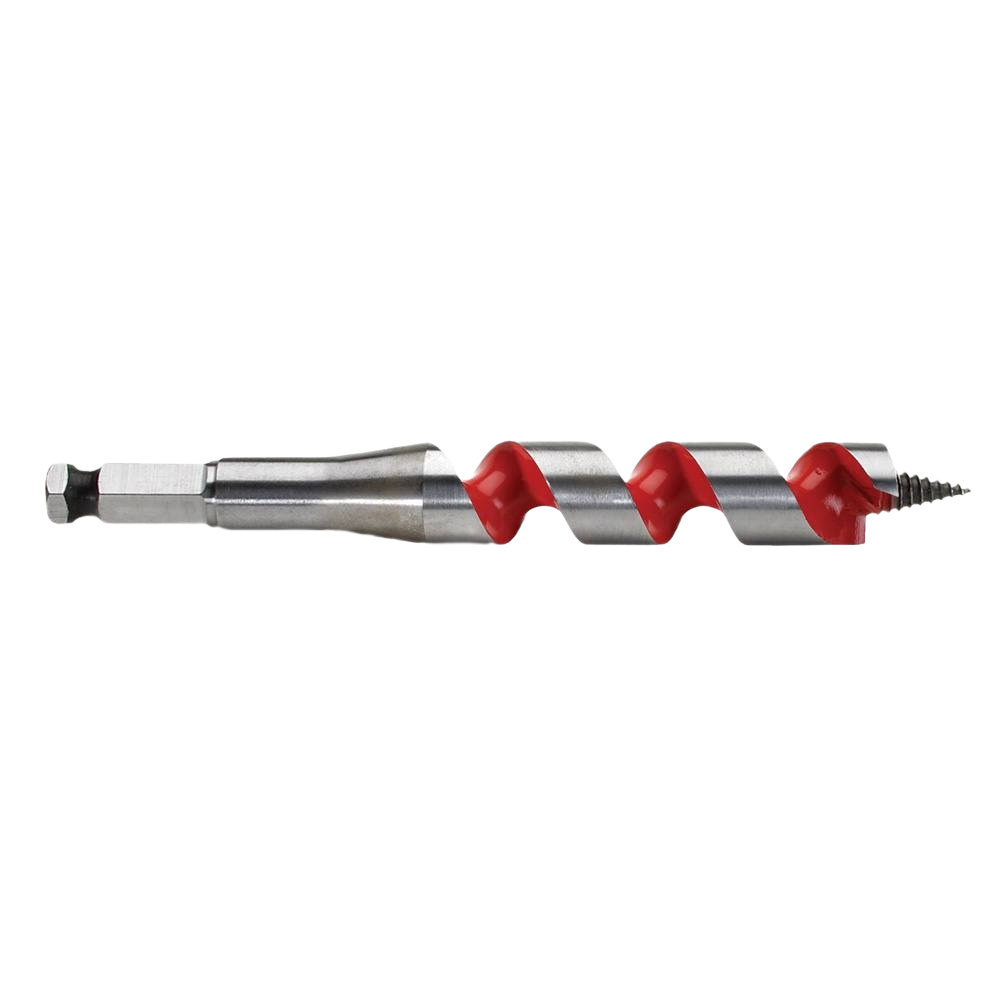 Steel ship auger bit with red spiral flutes designed for fast, precise drilling in power tool accessories and home improvement.