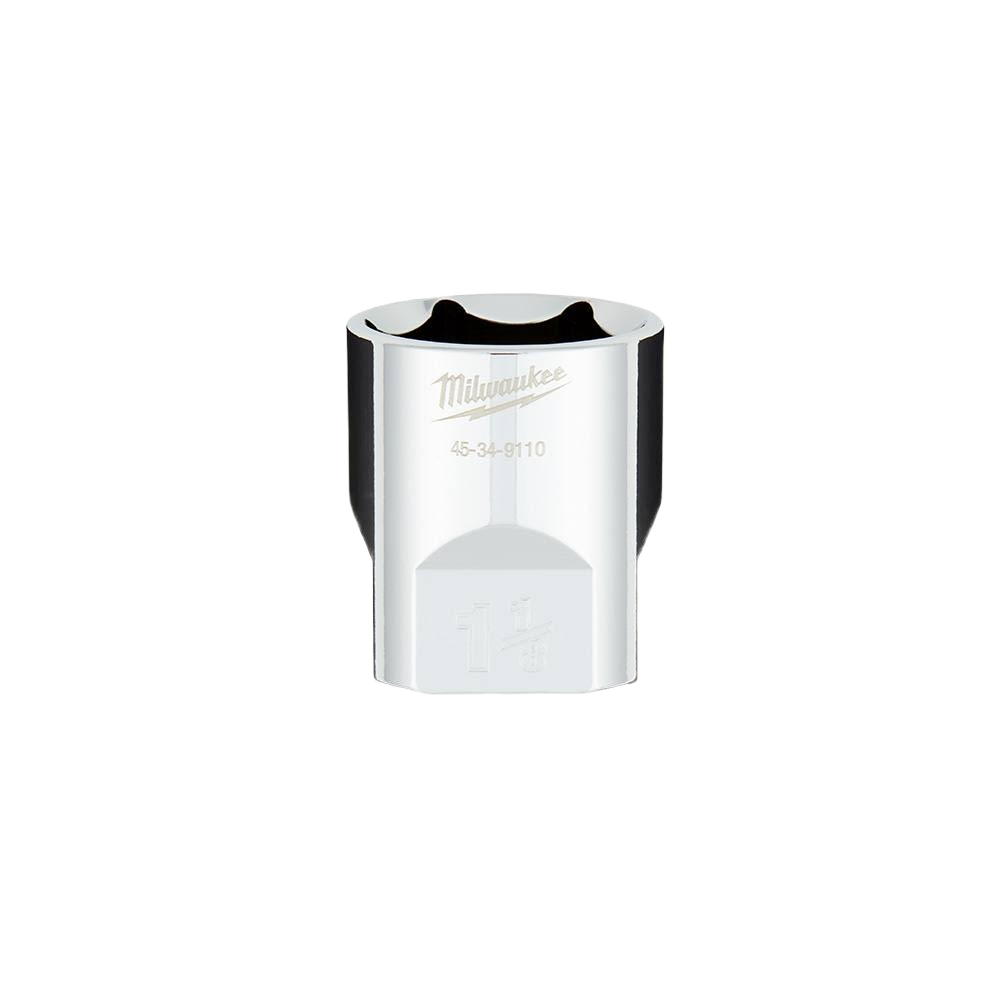 Chrome-finished 1-1/8 inch socket with flat sides for anti-roll feature in Milwaukee hand tools and woodworking collections under $50