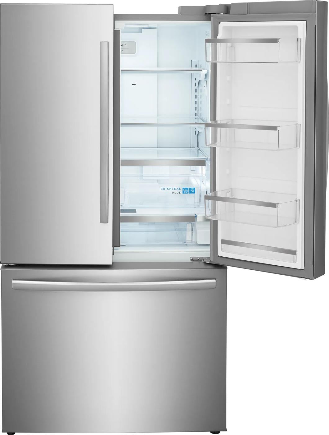 Standard-depth French door refrigerator with bottom freezer drawer, adjustable shelves, and sleek stainless steel finish in appliances collection