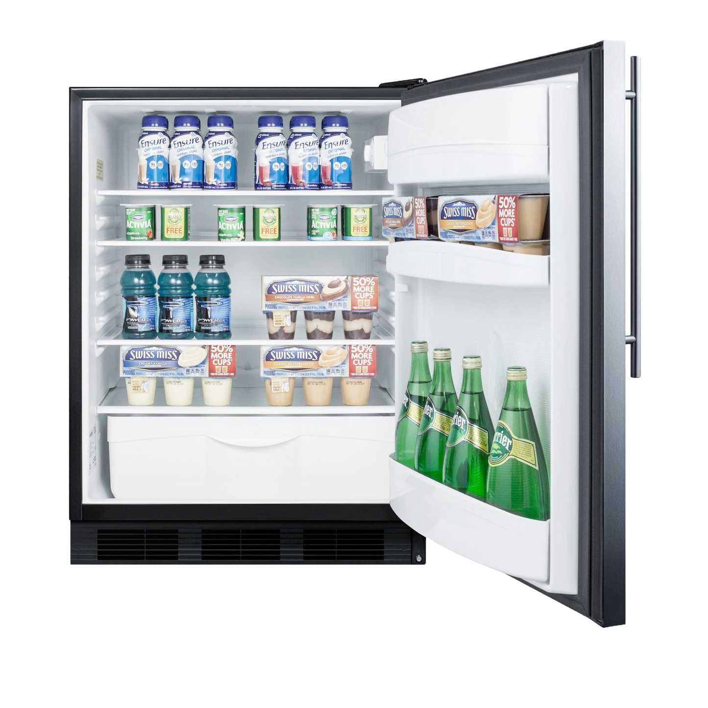 Compact built-in refrigerator in black with clear shelves stocked with beverages, catering to kitchen and appliance needs
