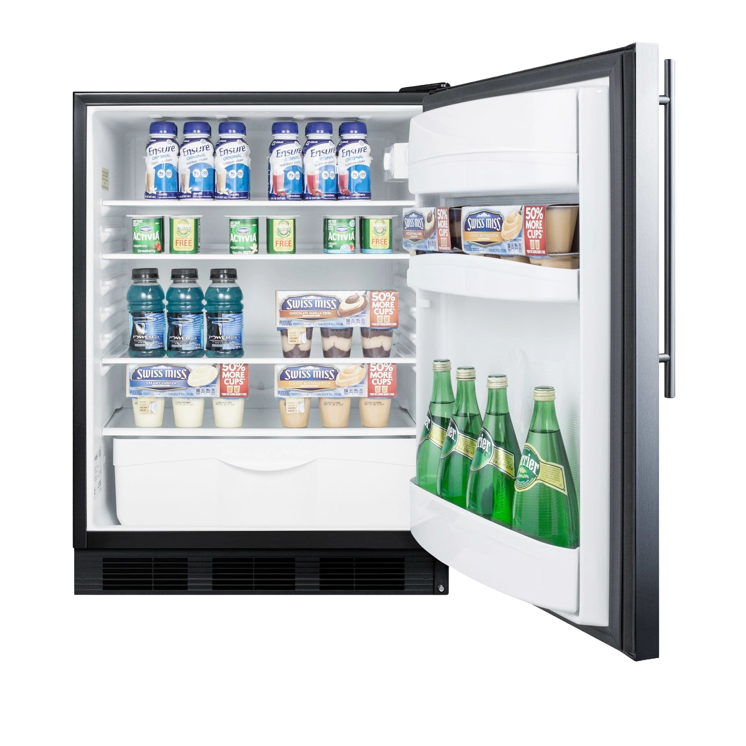 Compact built-in refrigerator in black with clear shelves stocked with beverages, catering to kitchen and appliance needs