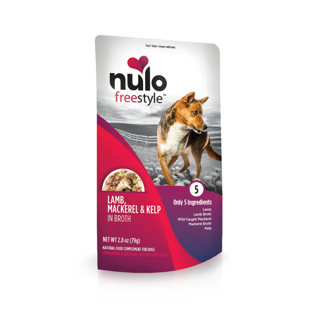 Package of Nulo Freestyle lamb, mackerel, and kelp wet dog food topper in broth for pet food collection
