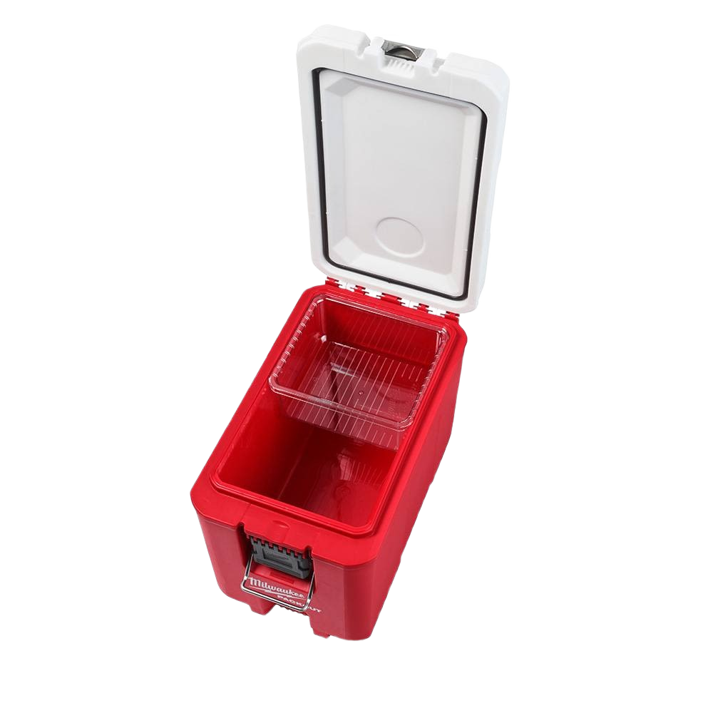 Red and white compact cooler with no-sweat exterior and removable tray for jobsite storage and keeping items cool over long hours