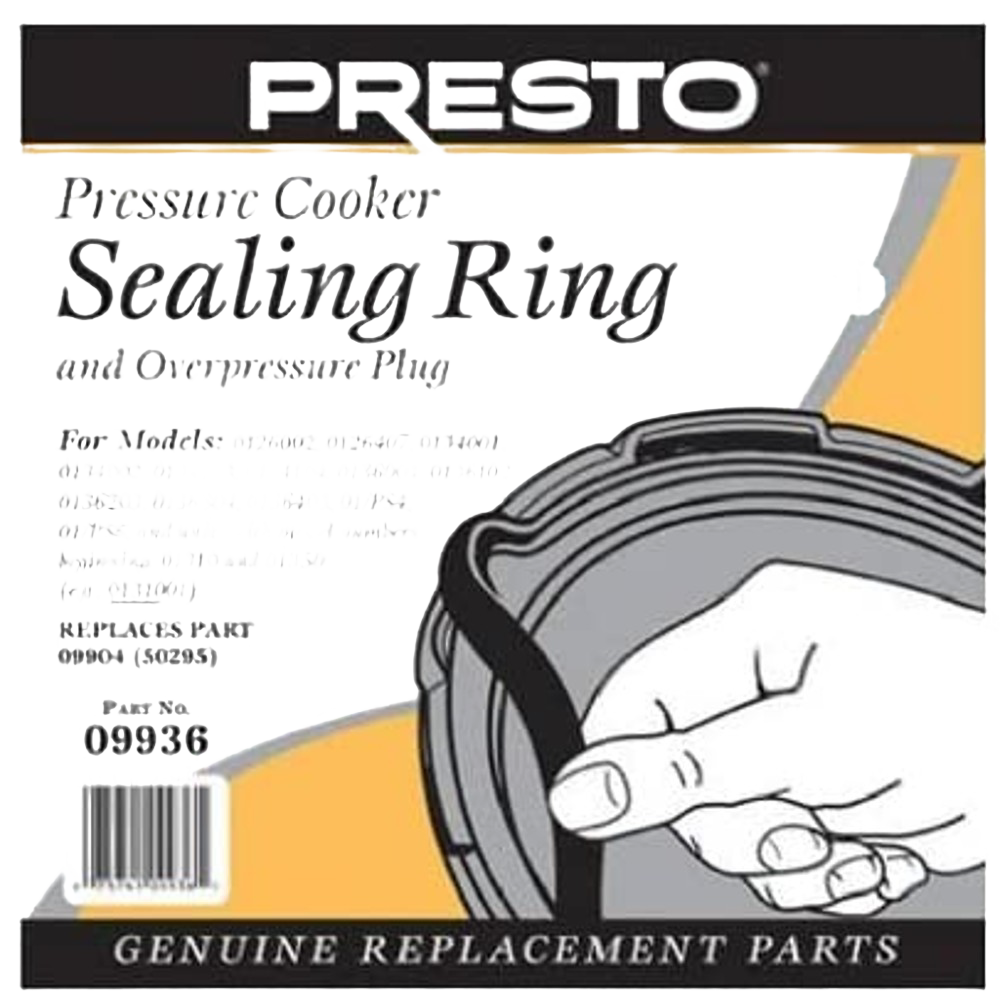 Packaging for a Presto pressure cooker sealing ring showing a hand holding the gasket on a yellow and black background