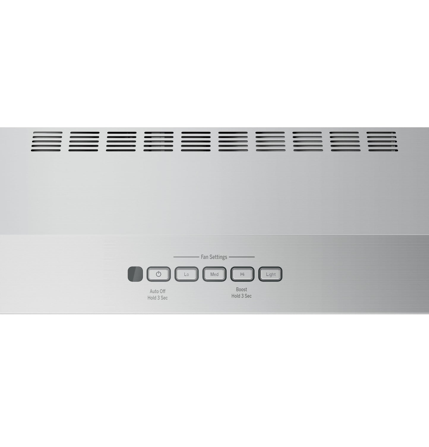 Control panel of stainless steel under-cabinet hood with fan speed and auto-off settings from Range Hoods collection