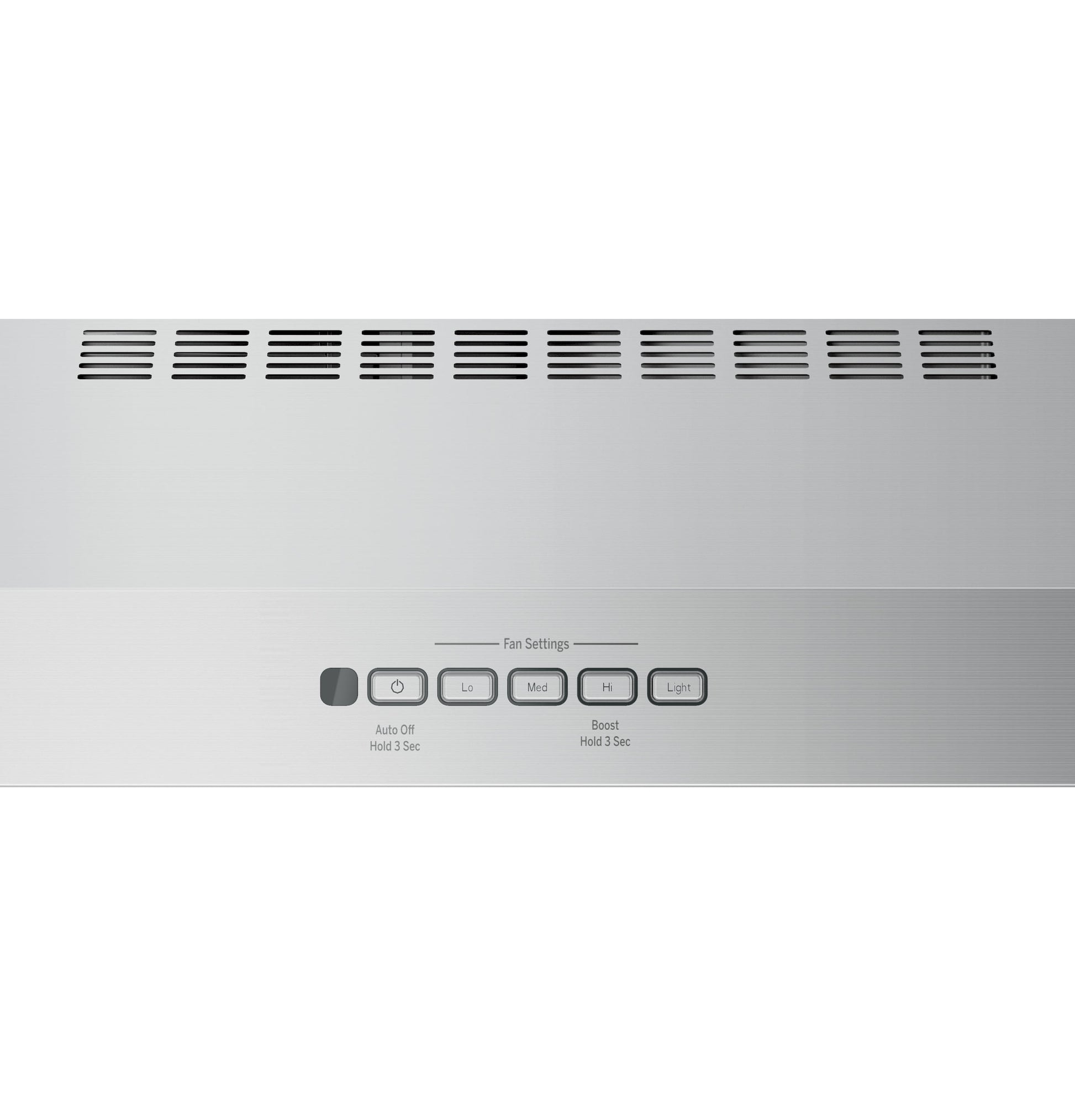 Control panel of stainless steel under-cabinet hood with fan speed and auto-off settings from Range Hoods collection