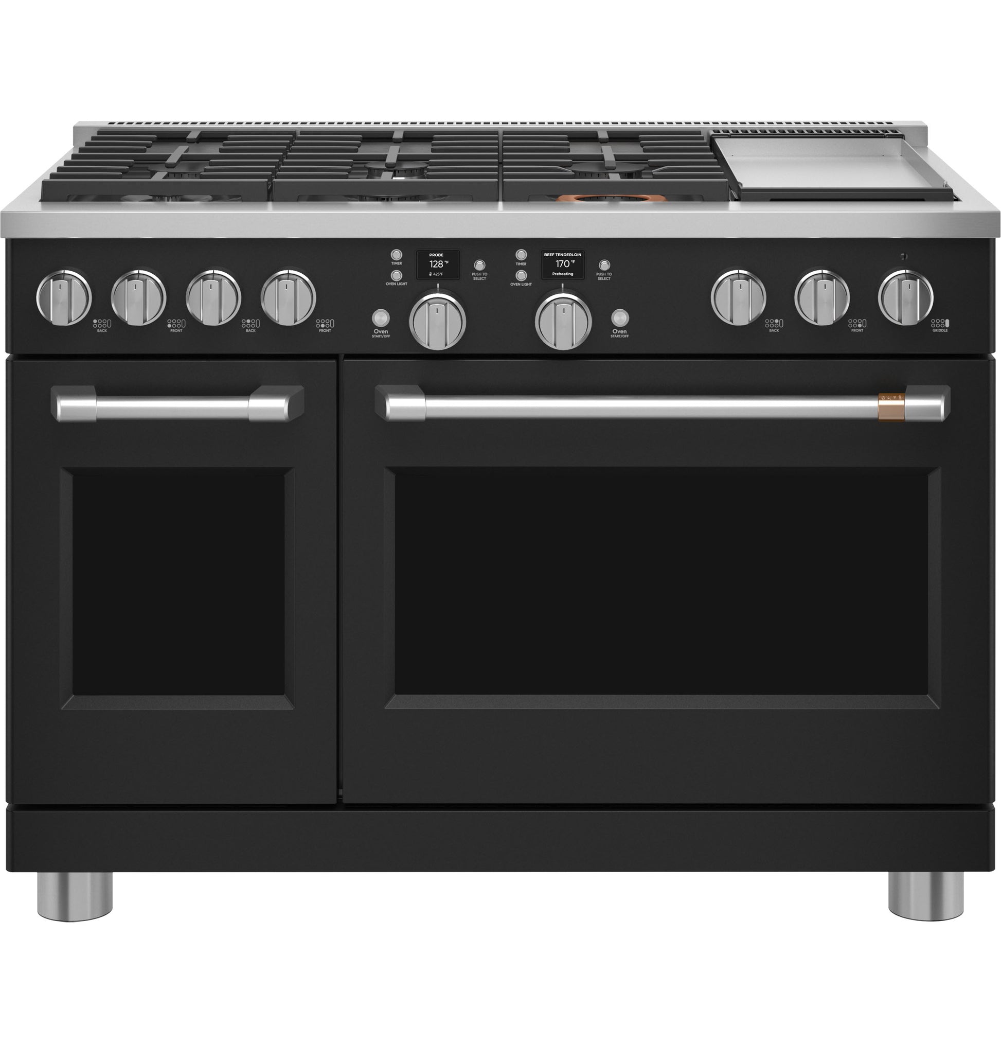 Black dual-fuel smart range with six burners, griddle, digital controls, and stainless steel handles in kitchen appliances collection