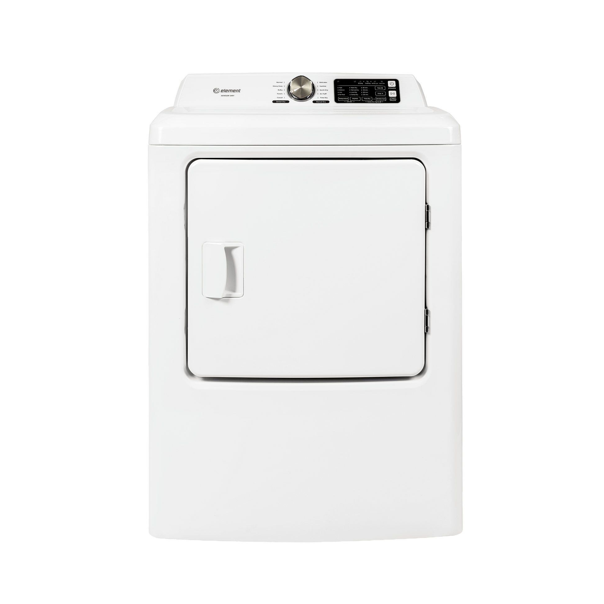 White front load gas dryer with digital control panel and multiple drying cycle options from home appliances collection