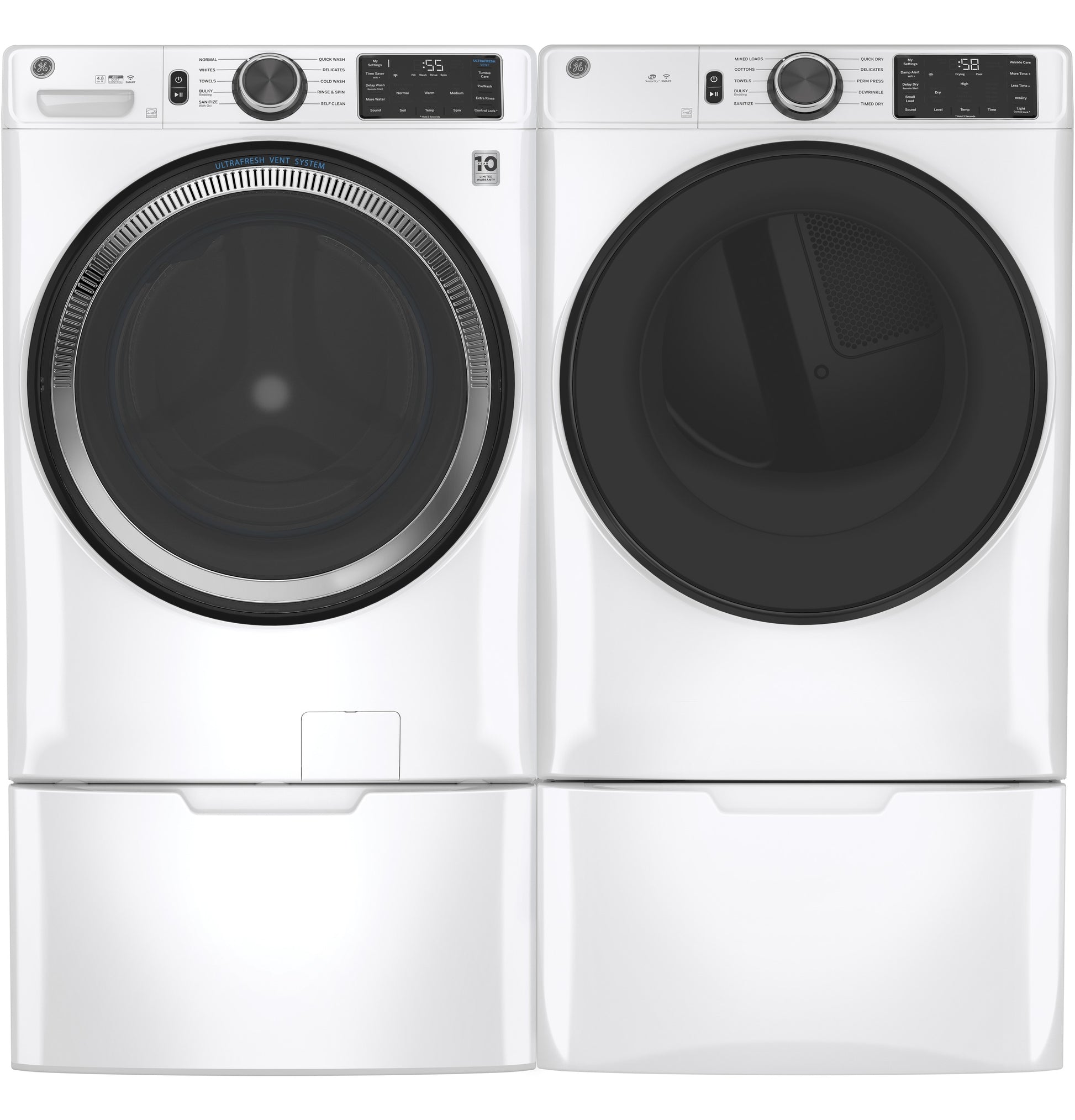White front-load washer and dryer set on matching laundry pedestals for home improvement and appliance parts accessories
