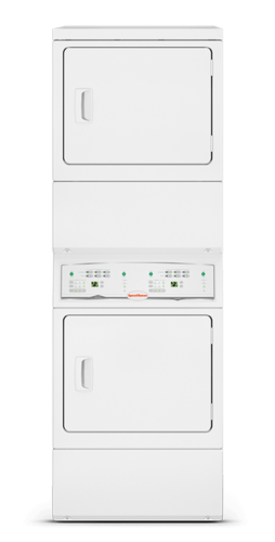 White stacked commercial dryers with electronic controls and status indicators in dryers and appliances collection