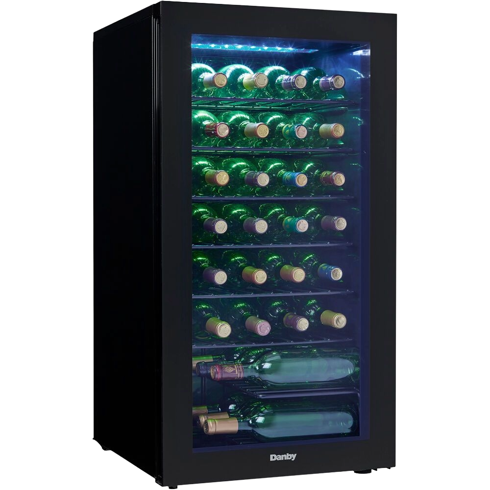 Free-standing wine cooler with black frame, blue interior lighting, and wire shelves storing multiple wine bottles