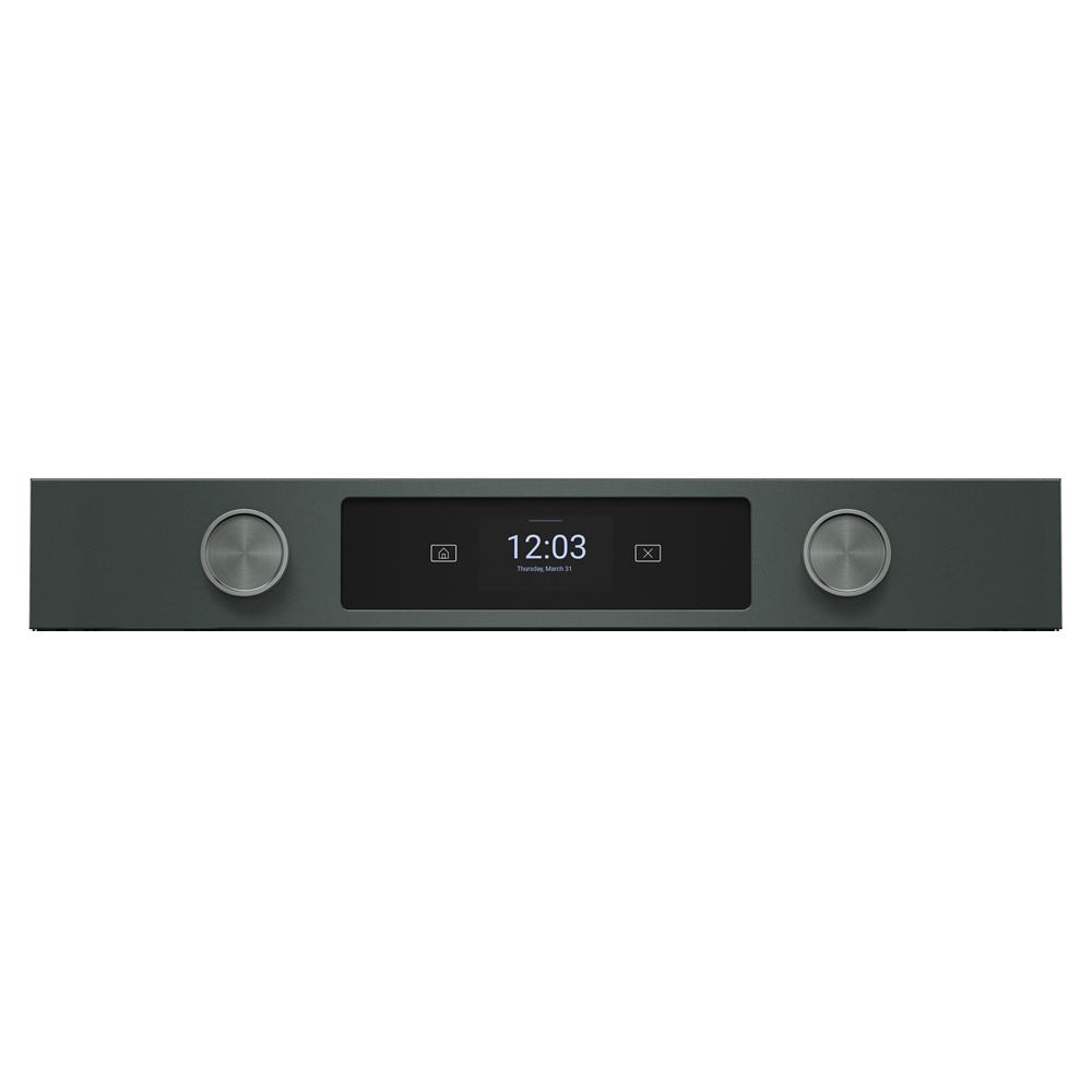 Built-in dark gray microwave oven control panel with digital clock display and two stainless steel control knobs