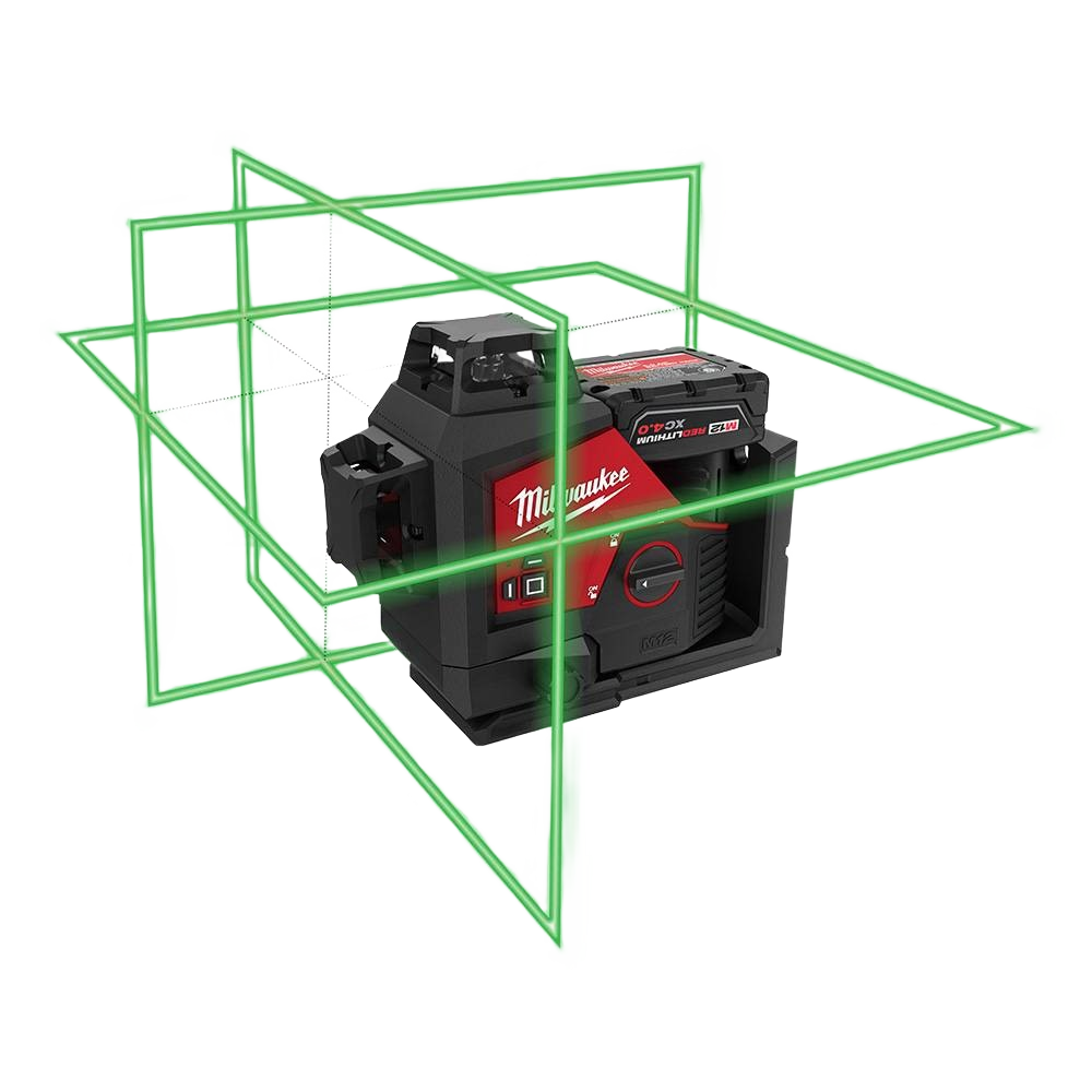 Compact Milwaukee laser tool projecting bright green 360-degree 3-plane lines for woodworking and measuring tasks