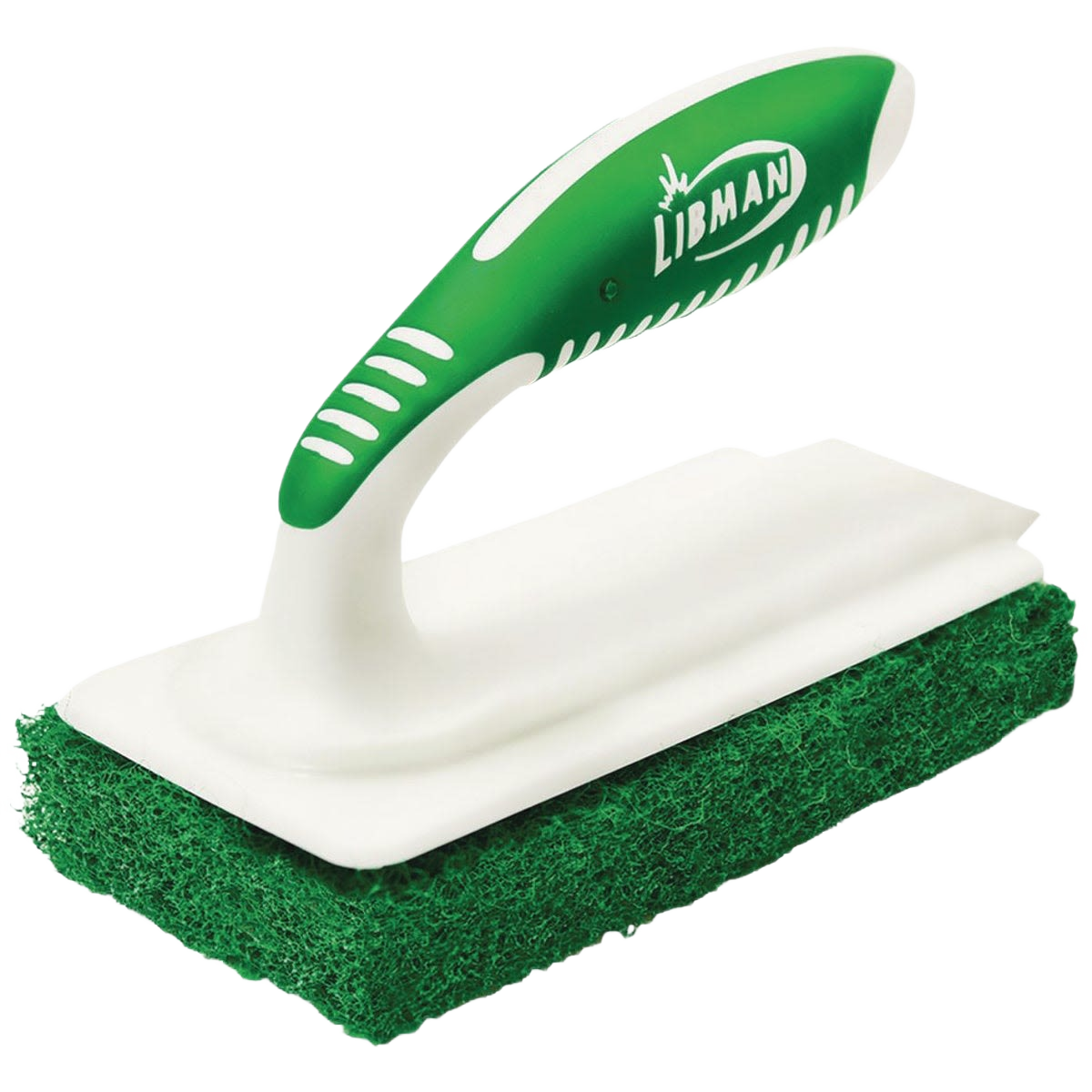 Green abrasive grout and tile scrubber with ergonomic handle for effective cleaning in home improvement tasks