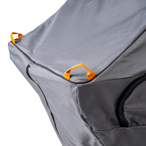 Heavy-duty gray polyester grill cover with bright orange handles designed for outdoor living and grilling accessories.