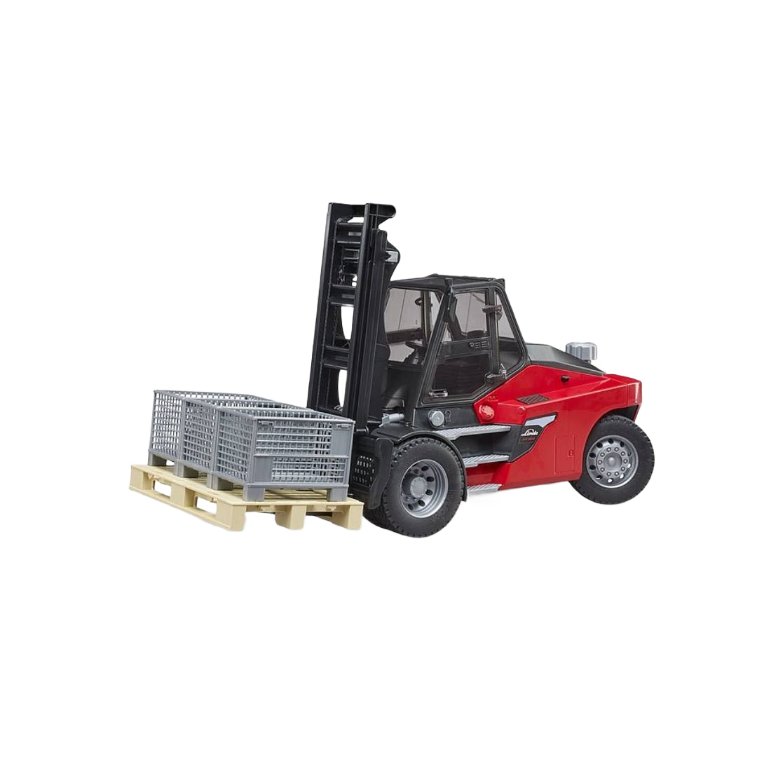 Red and black realistic stacker toy lifting pallet with three gray pallet cages for vehicles and remote controlled toys collection