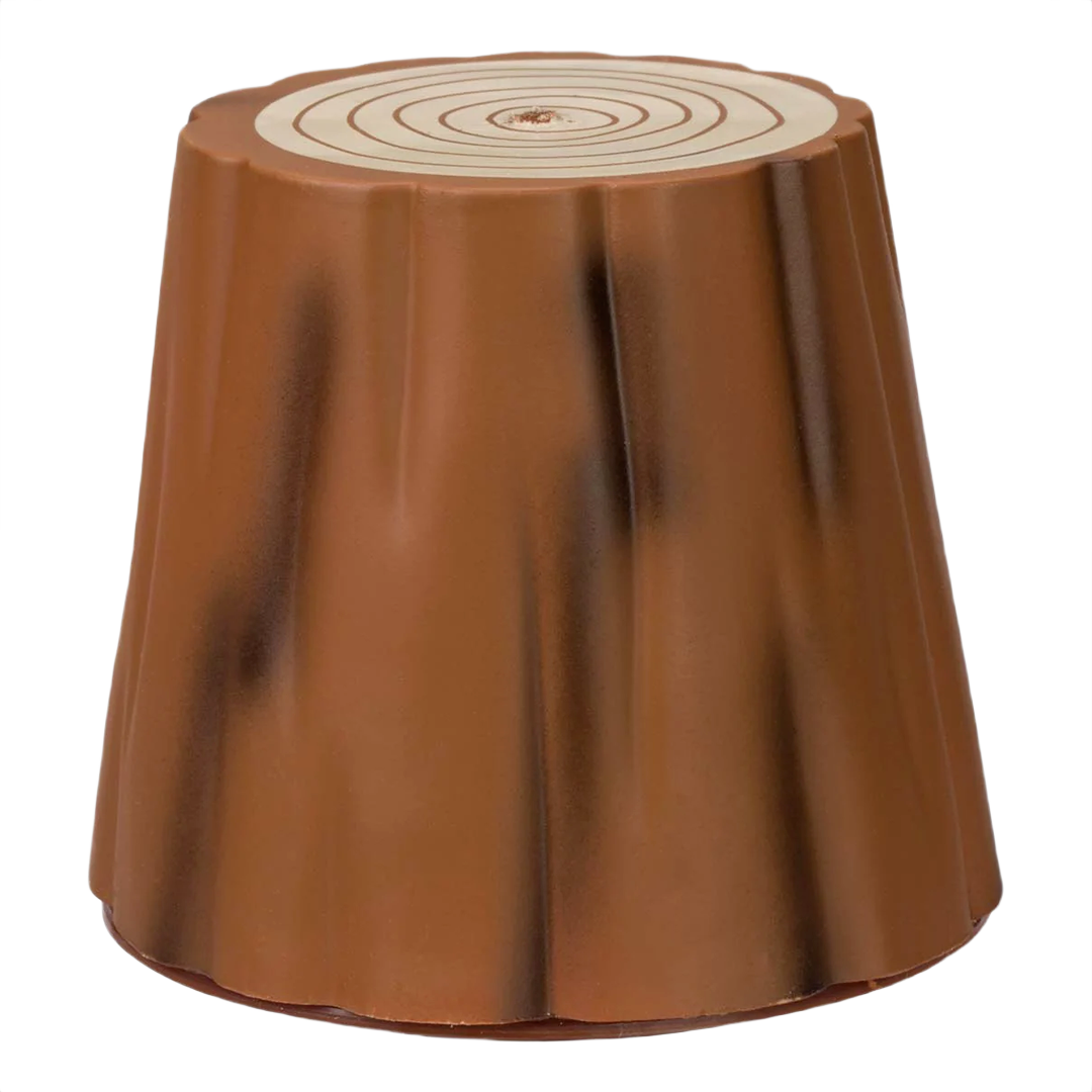 Brown plastic pot designed like a tree stump with concentric ring detail on top for planting sloth seeds