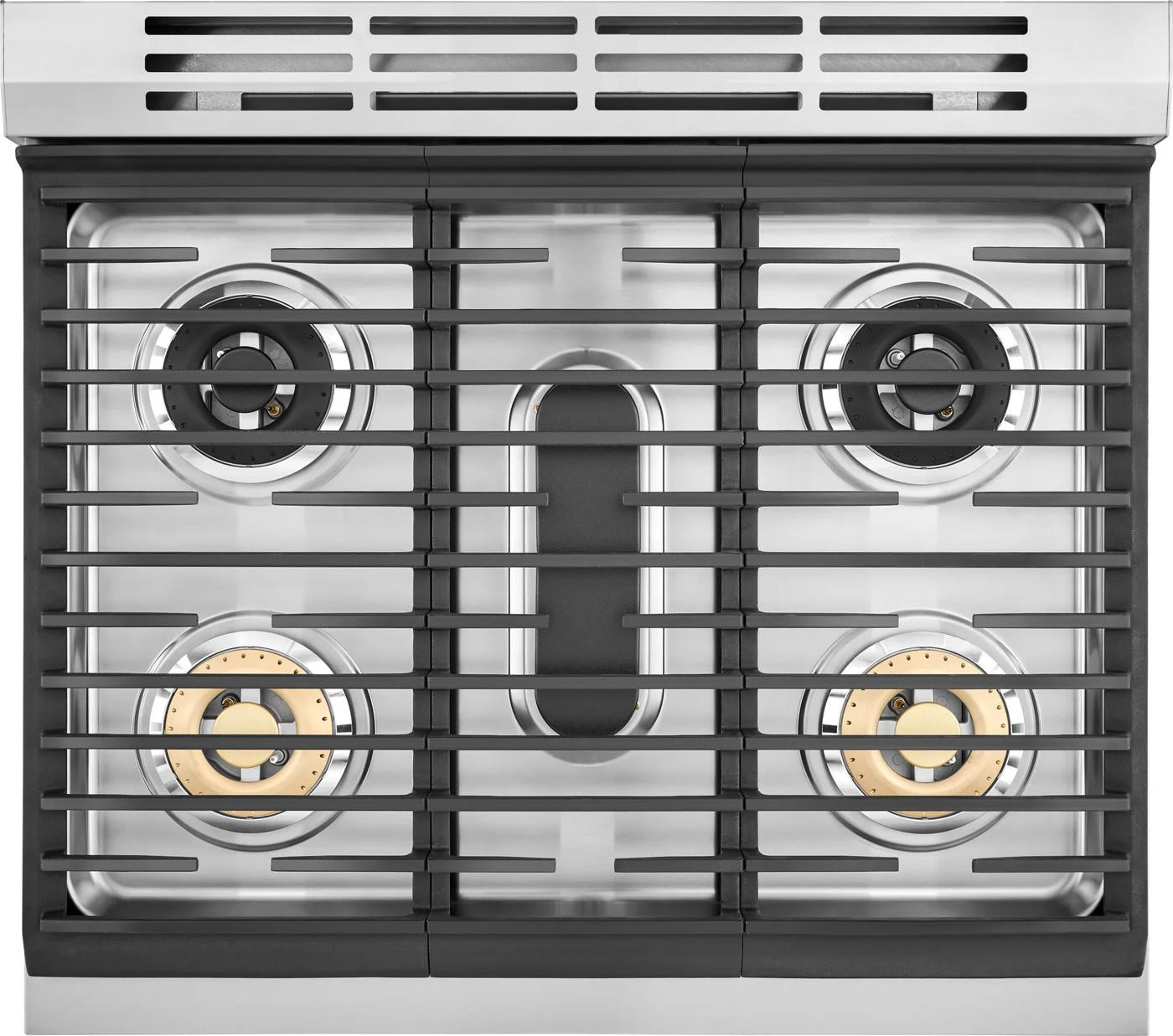Top view of stainless steel four-burner gas cooktop with continuous cast-iron grates in kitchenware collection