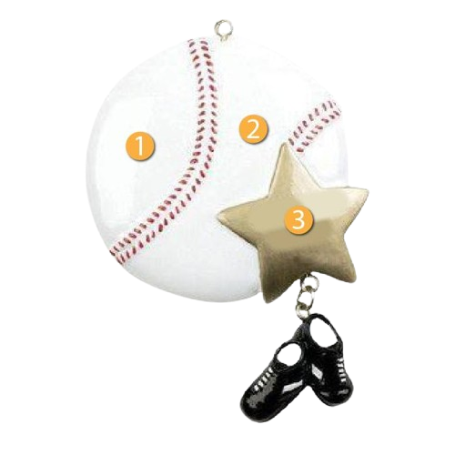 White baseball ornament with red stitching, gold star accent, and hanging black cleats for Christmas decoration under $50 collection