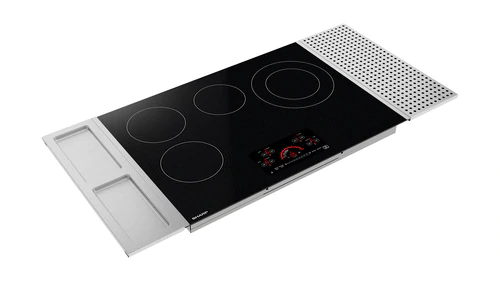 Black glass electric cooktop with four heating zones and digital touch controls from electric cooktops collection