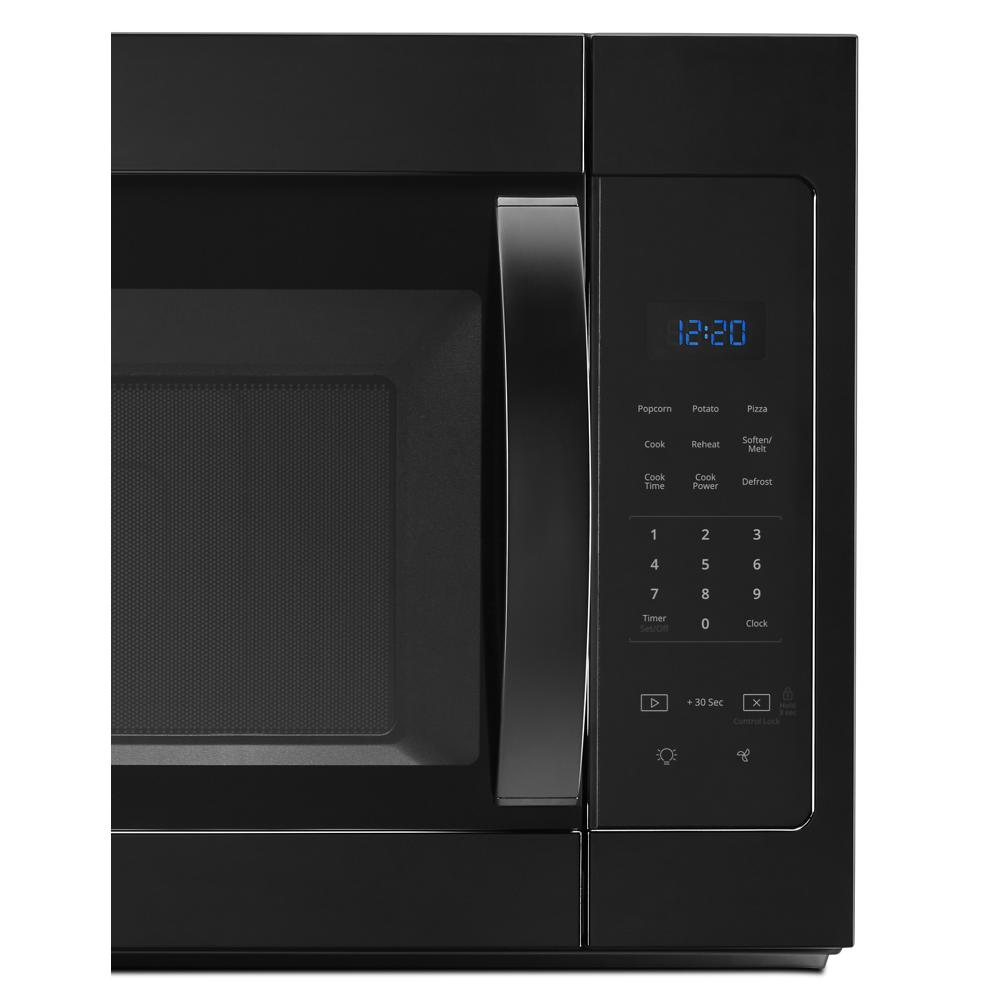 Black over-the-range microwave featuring electronic touch controls and blue digital clock display on right panel