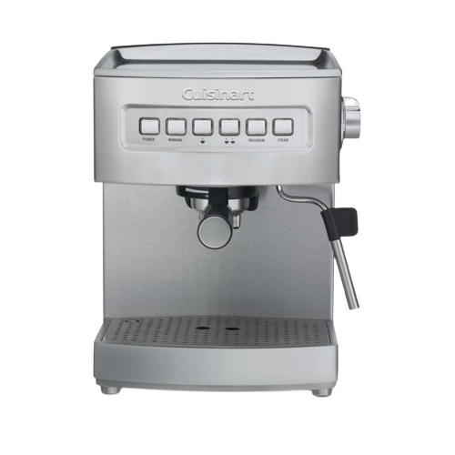 Compact stainless steel espresso machine with programmable buttons and steam wand for home coffee brewing