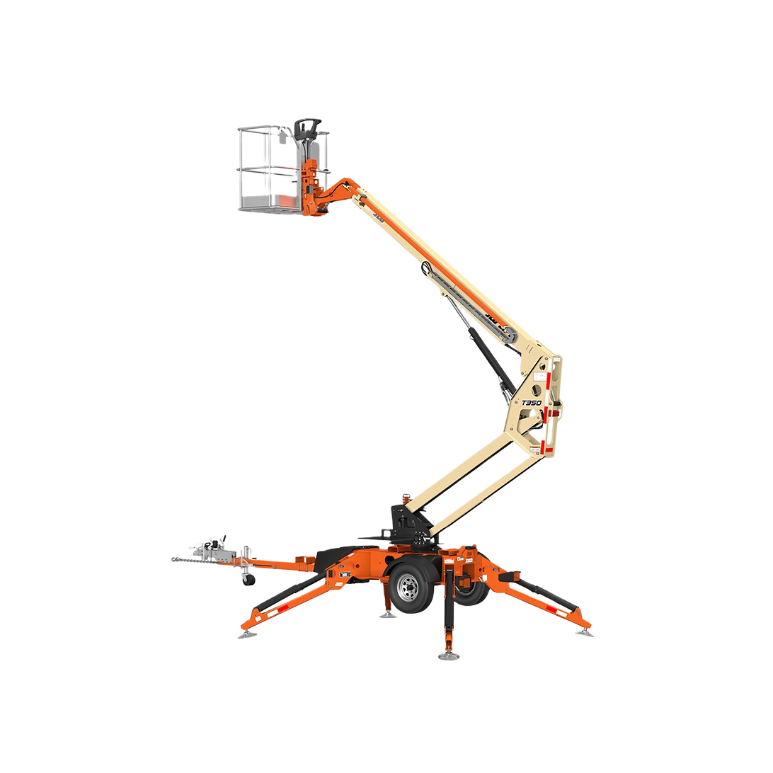 Towable boom lift with extended articulated arm and safety platform, part of Rental Equipment at Hartville Hardware for home improvement and tools.