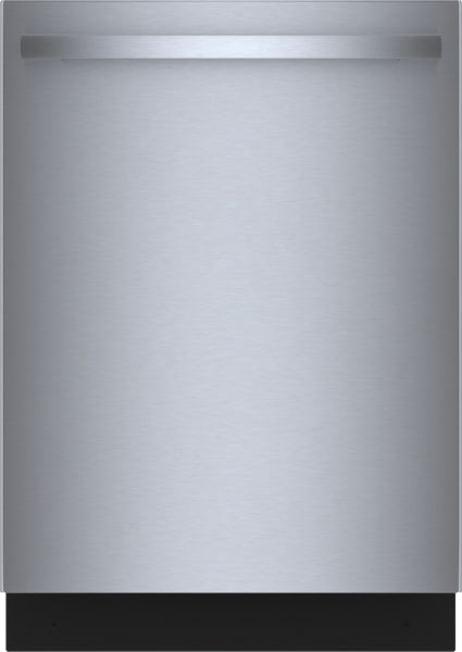 Front view of sleek stainless steel dishwasher with anti-fingerprint finish from Bosch Appliances collection
