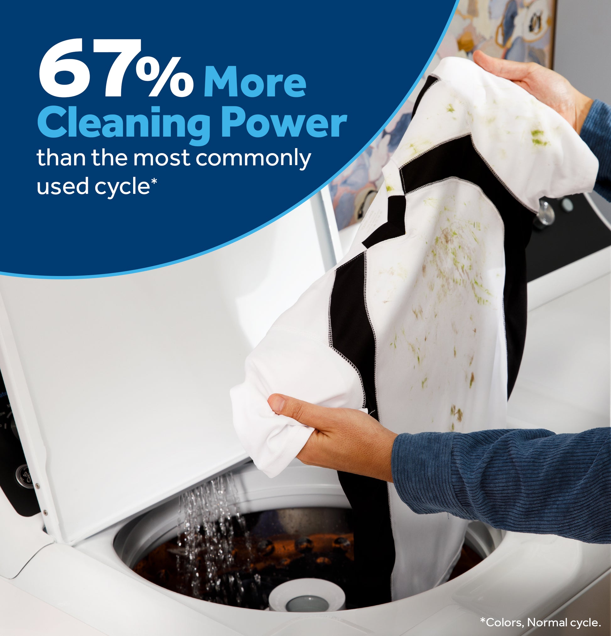 Person loading heavily stained white shirt into top load washer highlighting cleaning power in washers and appliances collection