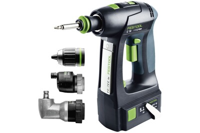 Cordless Festool drill with multiple attachments, lithium-ion battery, and ergonomic grip for home improvement tasks