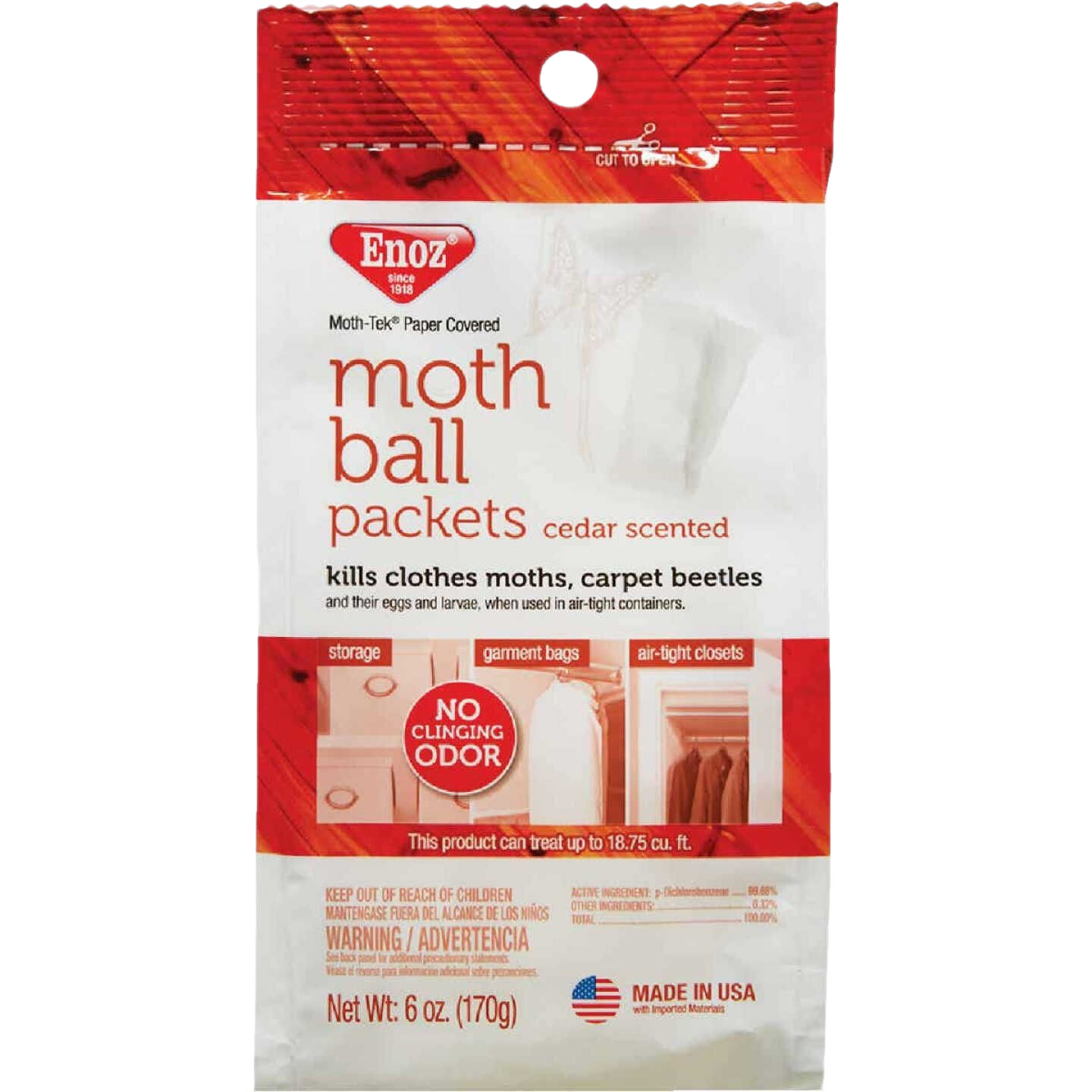 Cedar-scented moth ball packets for eliminating moths and carpet beetles in airtight storage and garment bags collections