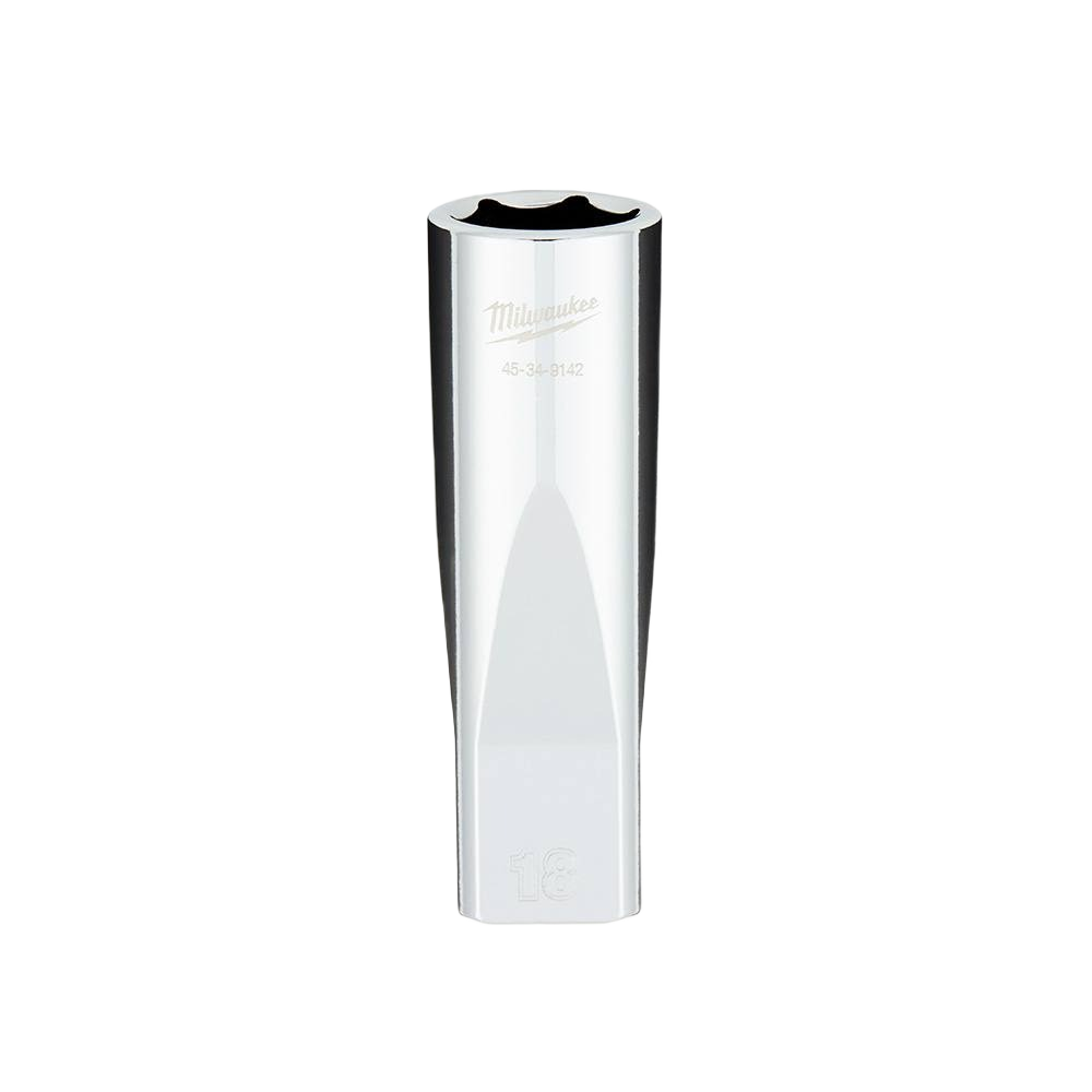 Chrome-finished deep socket with 18mm size and four flat sides for enhanced grip in home improvement tools use