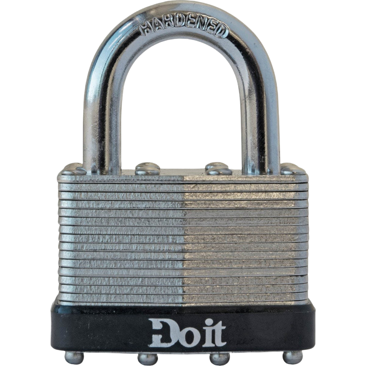 Laminated steel padlock with hardened shackle and protective black base for hardware and home improvement use