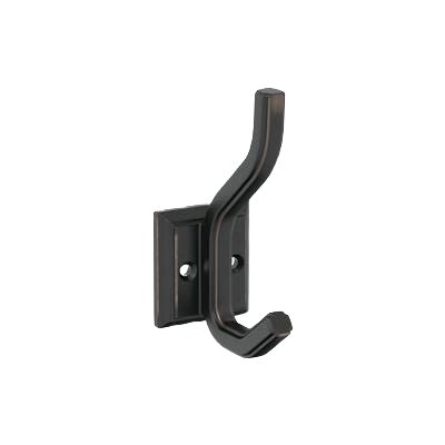 Oil-rubbed bronze two-prong wall hook with decorative design for home improvement and organizing tools use